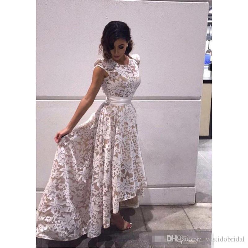Summer Beach Cap Sleeves High Low Evening Dresses White Champagne Lining Full Lace Girls Formal Party Prom Gowns Junior Bridesmaid Wear