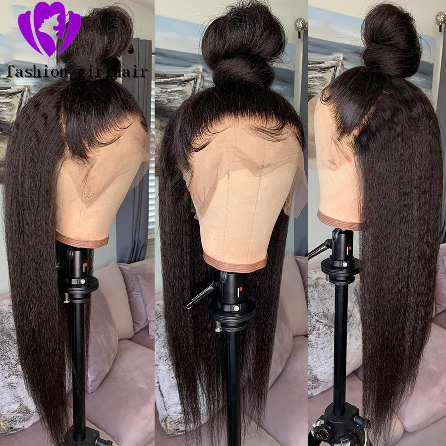 Fast shipping 360 Lace Frontal Kinky Straight Wig natural hair synthetic Yaki lace front Wigs 150 Density for black women