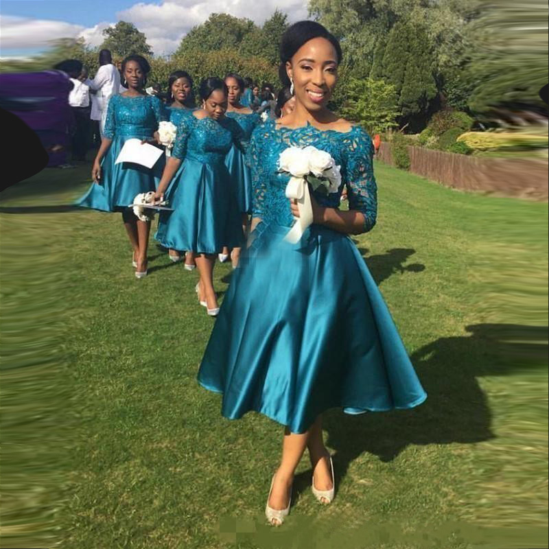 Modern 2019 Short Bridesmaid Dresses For Weddings Teal Satin Lace Half Sleeves Tea Length Plus Size Formal Gowns Custom Made
Modern 2019 Short Bridesmaid Dresses For Weddings Teal Satin Lace Half Sleeves Tea Length Plus Size Formal Gowns Custom Made