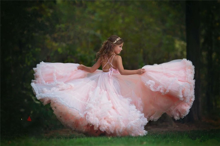 Light Pink Flower Girl Dresses for Weddings V Neck Ruffles Appliqued Puffy Tulle First Communion Dress Girls Pageant Gowns