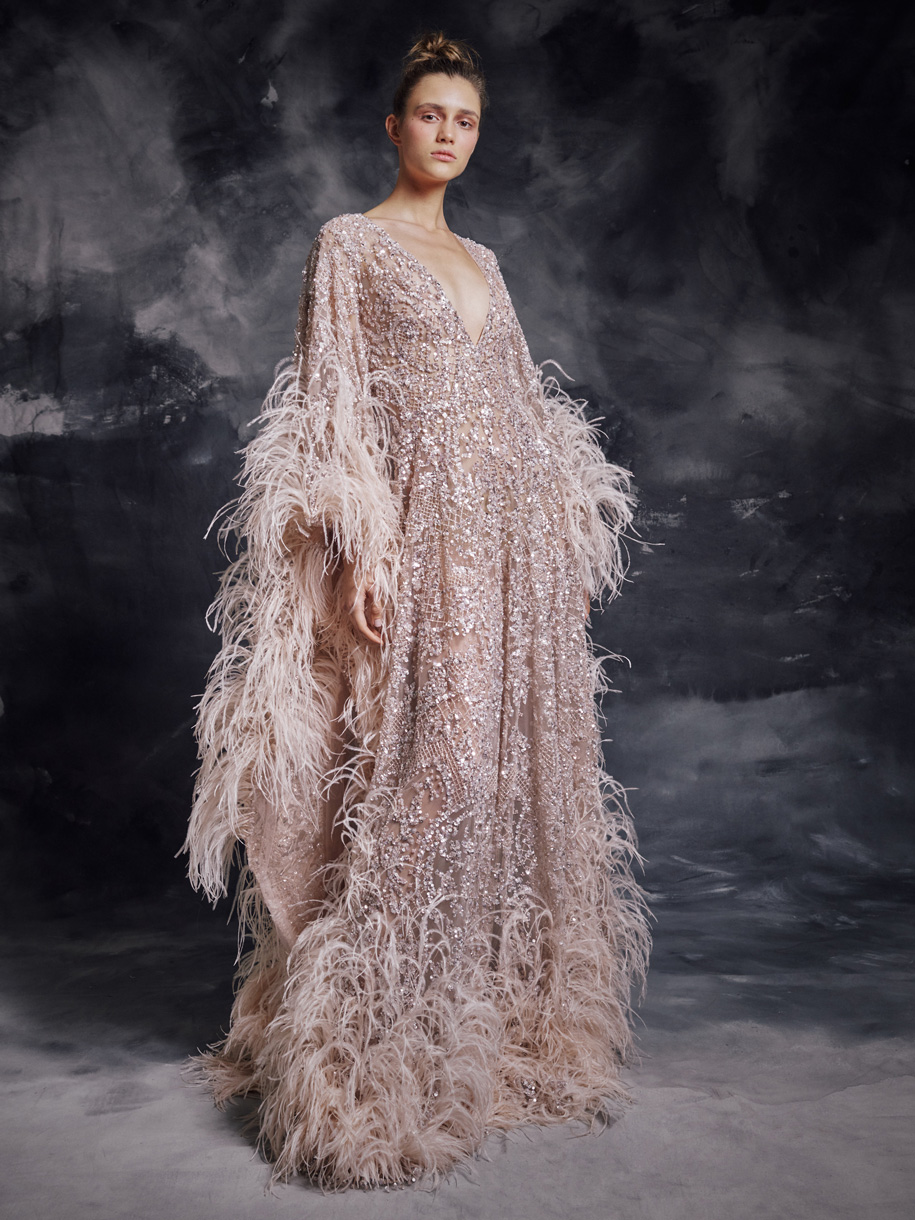 Modest Krikor Jabotian Elegant V Neck Long Sleeve A Line Evening Dresses Sequins Lace Feather Formal Dresses Sweep Train Party Gown