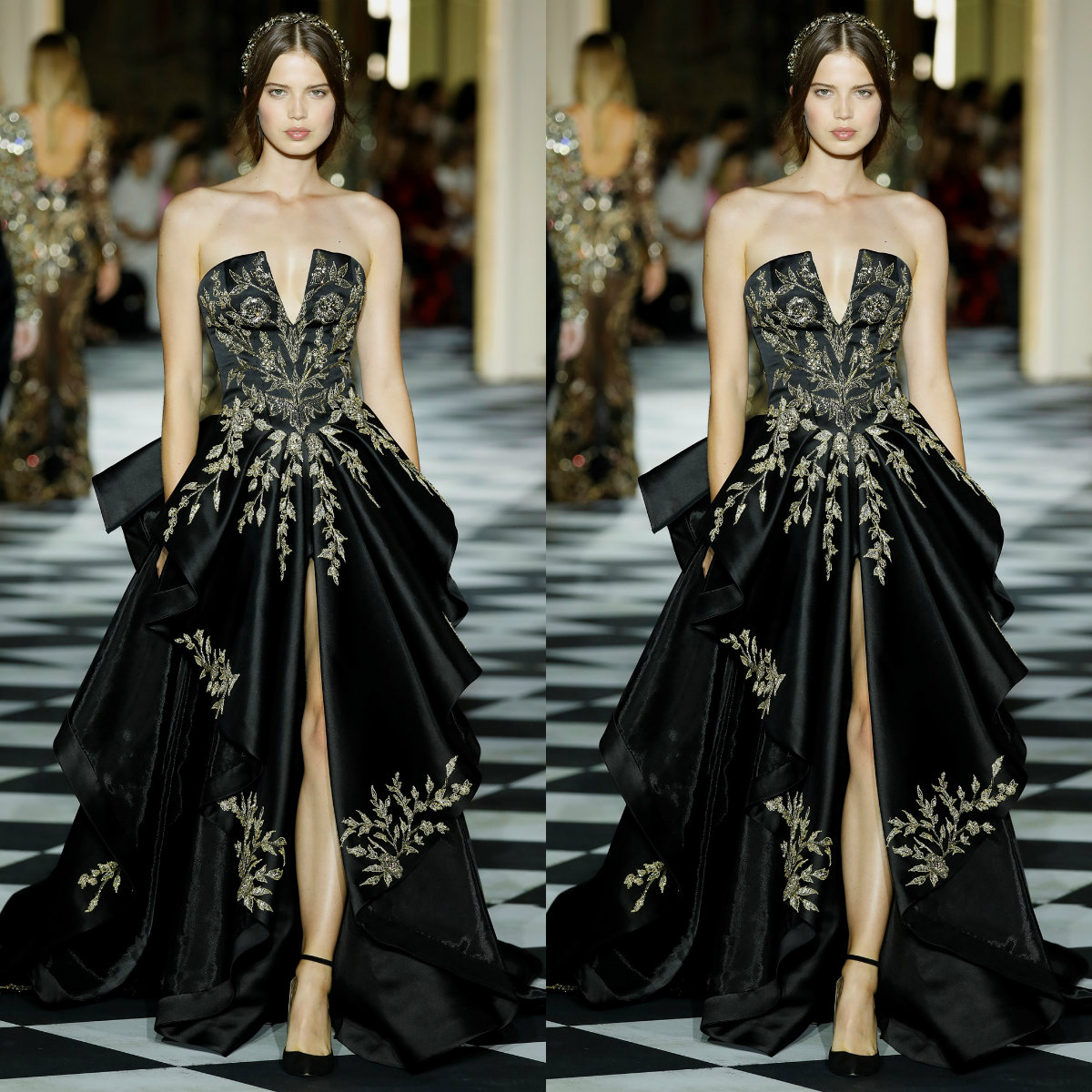 Zuhair Murad Black Prom Dresses Evening Gowns Strapless Ruched High Split Formal Cocktail Party Dress Gold Appliqued robes de soirée