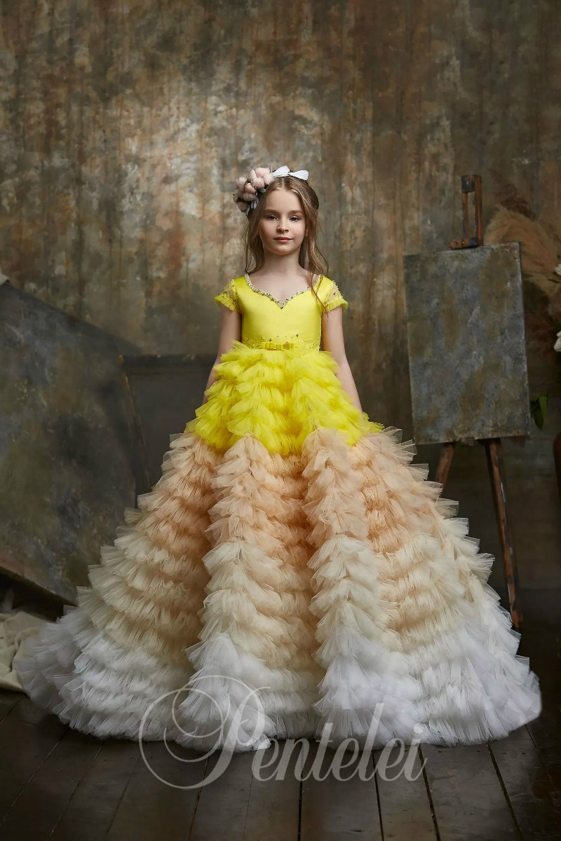 Dreamly Ball Gown Flower Girl Jewel Short Sleeve Hollow Crystal Bow Sash Tulle Tiered Pageant Dress Floor Length Girl's Birthday Part 0431