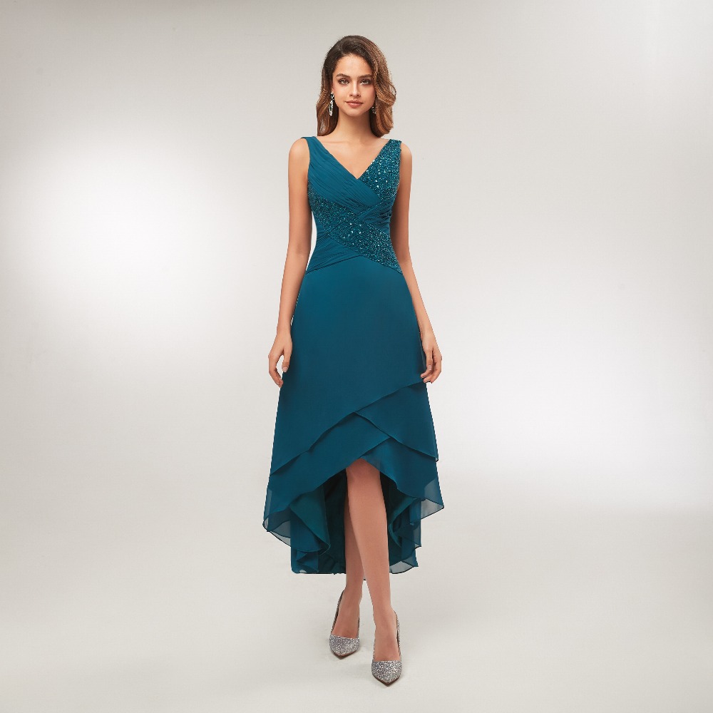 Mother's Dresses Turquoise Chiffon V Neck Pleated Tea Length High Low Mother Of The Bride Dress Vestido De Madrinha Evening Dresses