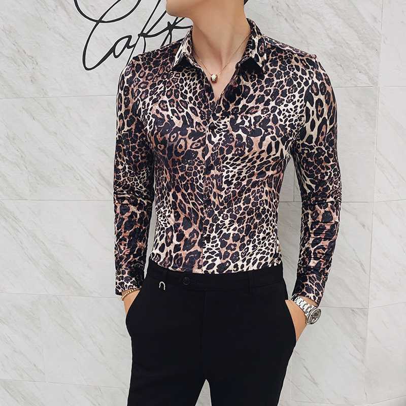 Flannel Shirts New 2020 Party Dress Club Outfits Slim Fit British Clothes Stylish Shirts Mens Velvet Leopard Printed Mens