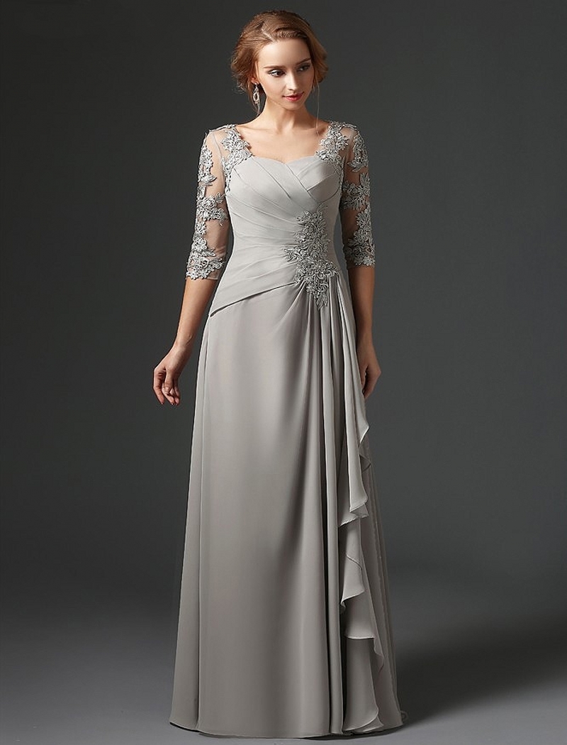 Silver Chiffon Mother Of The Bride Dresses A-line 3/4 Sleeves Lace Plus Size Long Elegant Groom Mother's Dresses