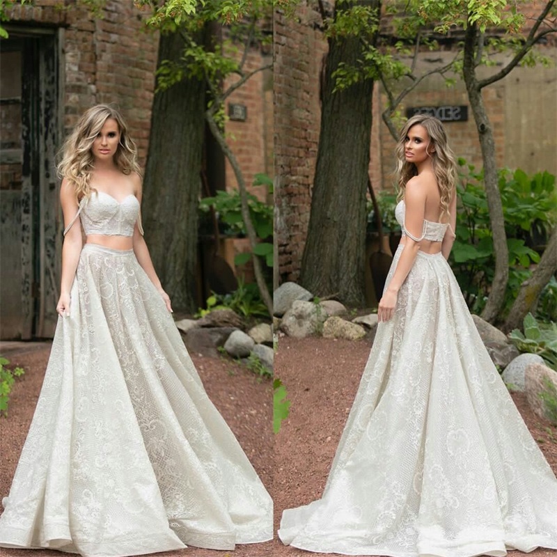 Two Piece Boho Wedding Dresses Floral Appliqued Lace Sexy Spaghetti Strap Waistless A Line Country Wedding Dress Custom Made Robes De Mariée