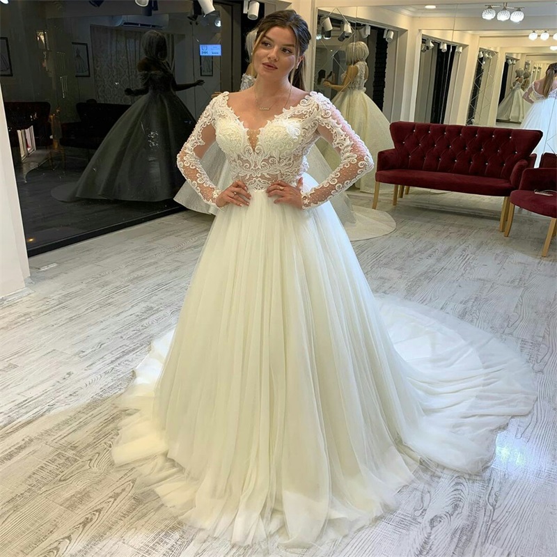 newest illusion aline wedding dresses gorgeous appliques lace vneck long sleeves ruched tulle a line garden long bridal gown