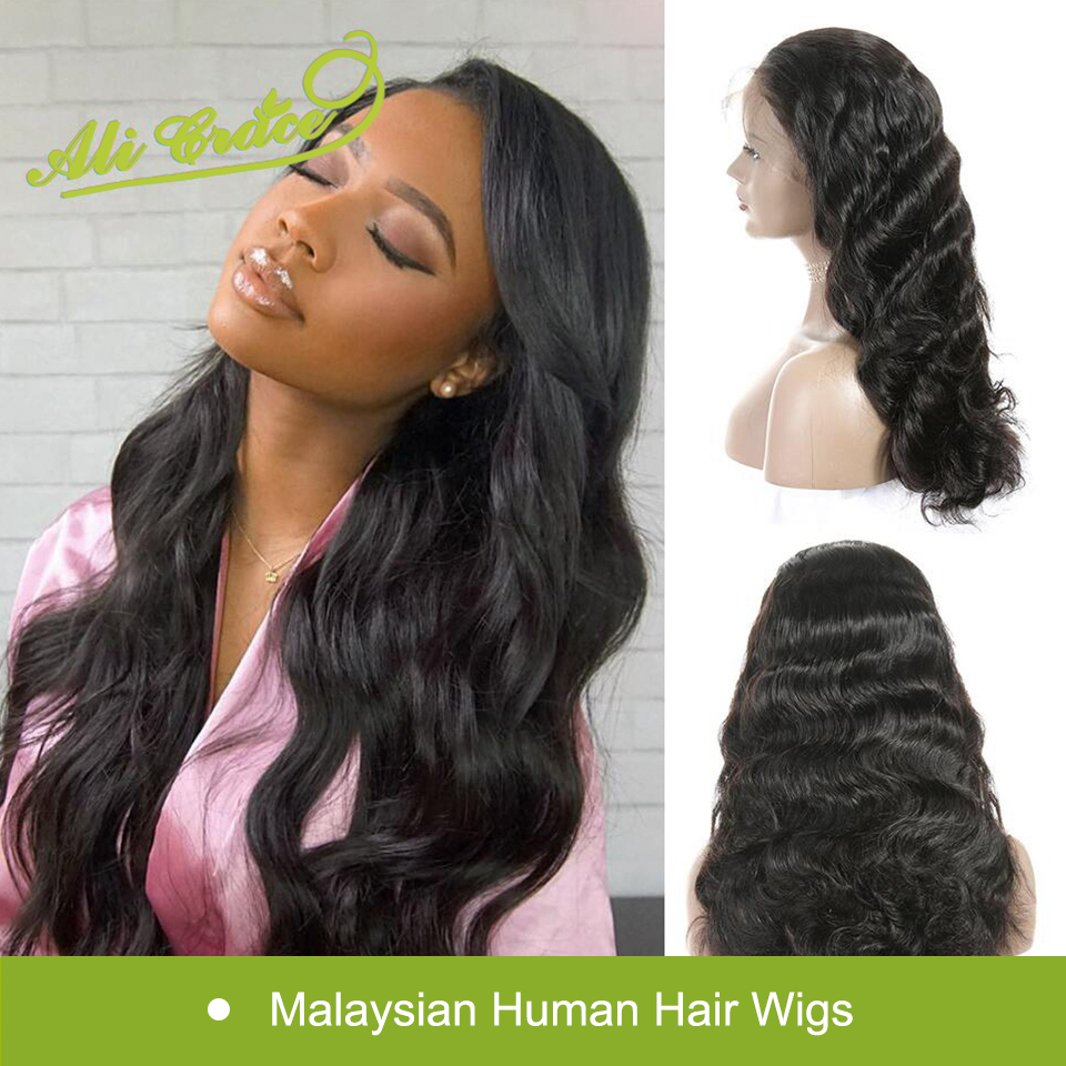 Ali Grace Lace Front Human Hair Wigs with Baby Hair Malaysian Lace Front Wig Body Wave 13x4 & 360 Frontal Wig for Women, Black