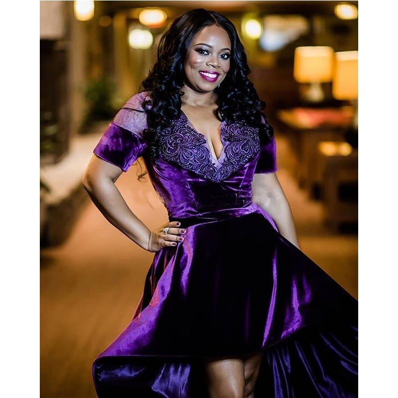 Elegant Purple Velvet Formal Evening Dress Short Sleeve Sheer Lace Evening Gowns High Low African Women Dinner Party Wear