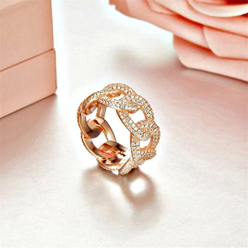 Hip Hop Stunning Full Pave Diamond Ring Vintage Jewelry 925 Sterling Silver&Rose Gold Fill White CZ Women Wedding Link Chain Band Ring Gift