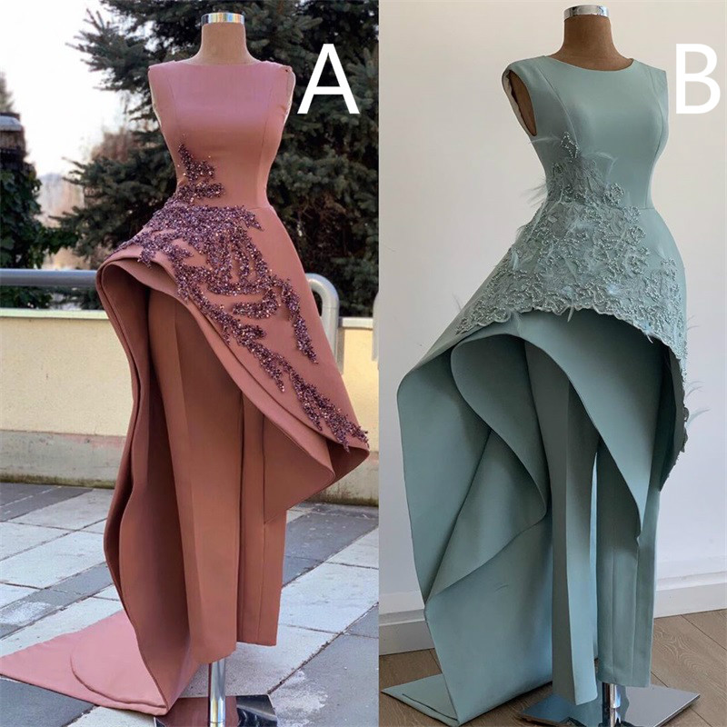 Gorgeous Jumpsuit Evening Dresses Sexy Sleeveless Ruched Satin Beaded Sequins Feather Formal Party Gowns Jewel Neck Custom Made Prom Dress