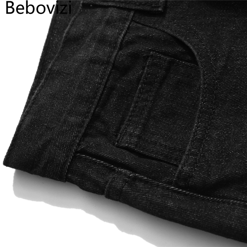 Bebovizi Hip Hip Tadpole Print Denim Pants Streetwear Denim Pants Men Harajuku Multi-pocket Trousers Joggers Cotton