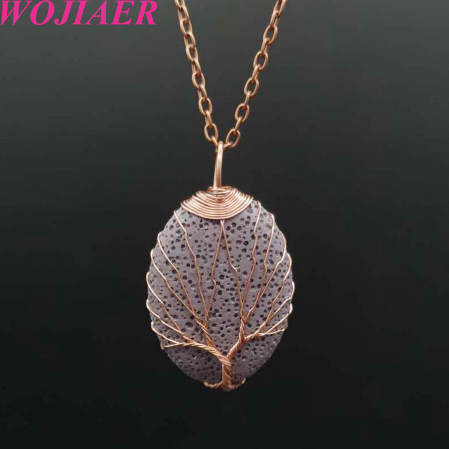 WOJIAER Retro Rose Gold Color Wire Wrap Natural Lava Stone Necklaces & Pendants Pendulum Volcanic Rock Oval Tree of Life Jewelry BV915