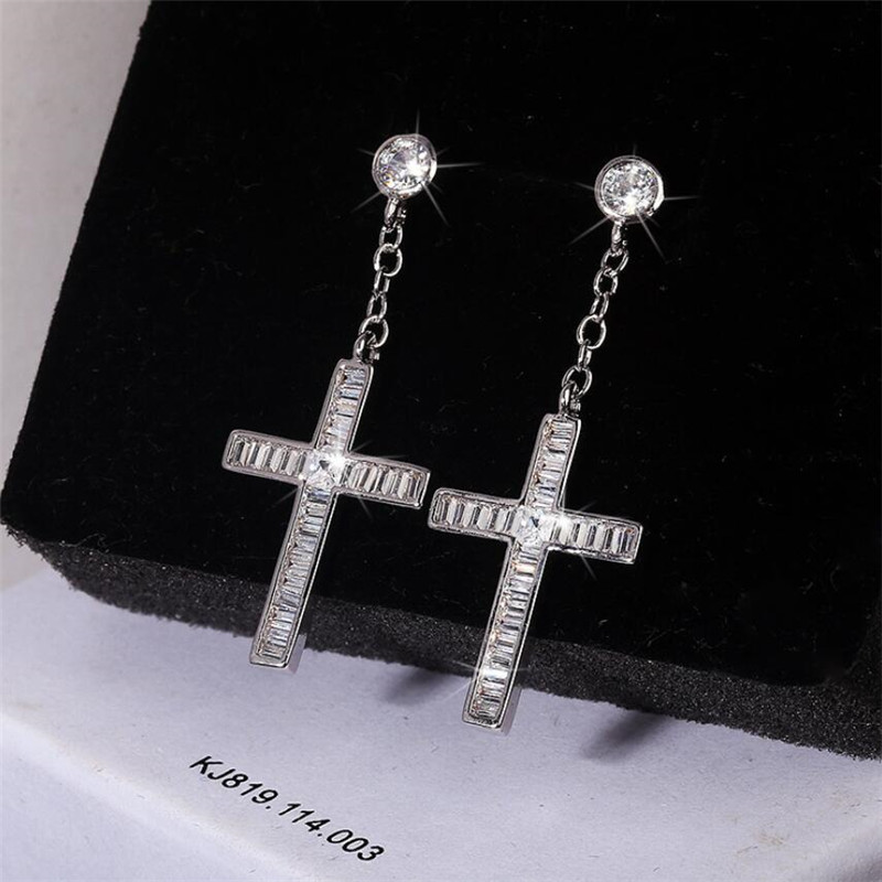 2024 Sparkg Cross Dangle Earrings: Sterg Sier, Princess Cut White Topaz, Jewelry Gift for Women