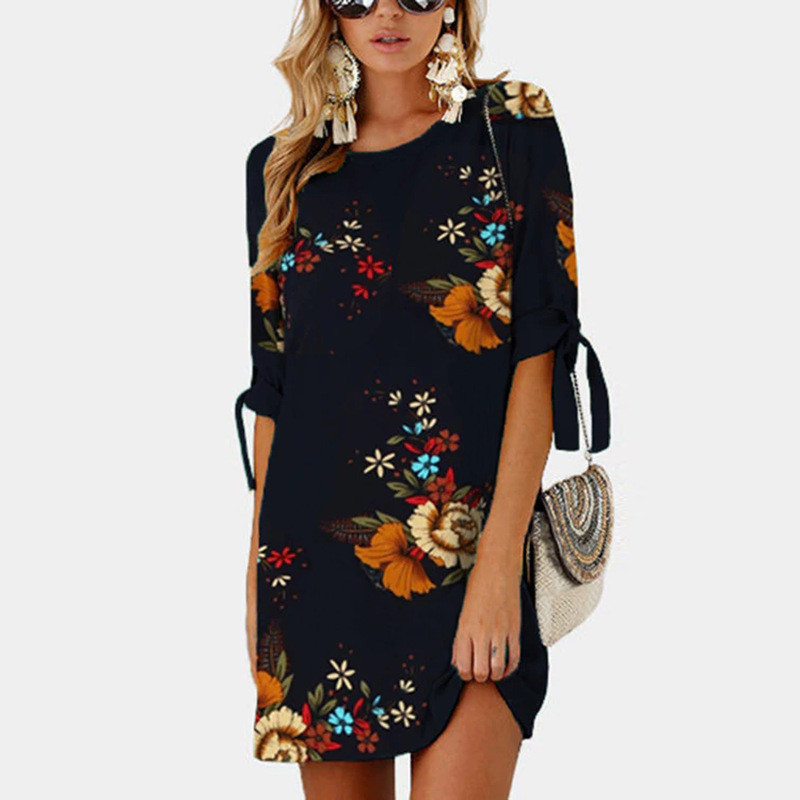 RANLEGE Women Summer Dress Boho Style Floral Print Chiffon Beach Dress Tunic Sundress Loose Mini Party Dress Vestidos 5XL T200604