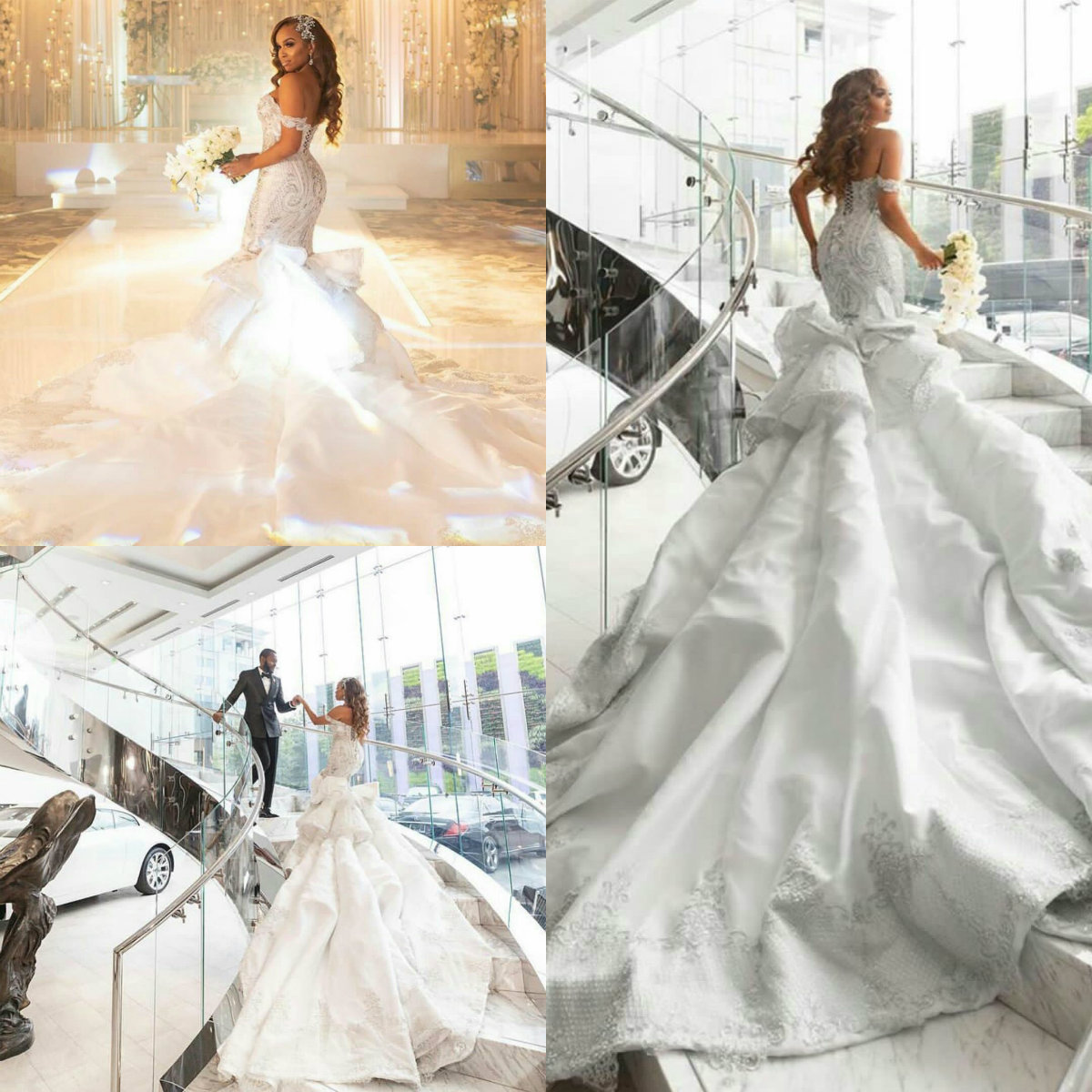South African Mermaid Wedding Dresses Plus Size Off Shoulder Long Train Black Girls Robe De Mariee Lace Beaded Luxury Wedding Gowns
