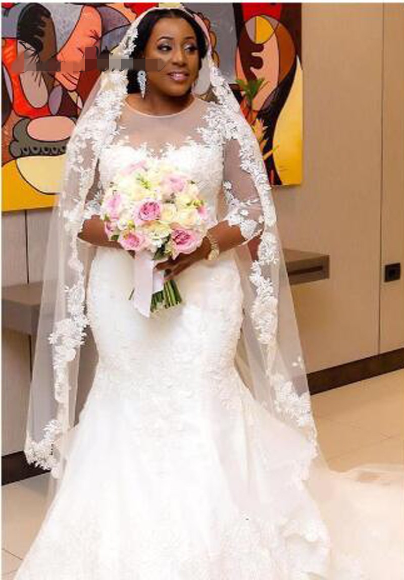 3/4 Sleeves Sheer Neck See Through Africa Mermaid Wedding Dresses 2020 Pure White Color Plus Size covered buttons Custom Made Wedding Gown