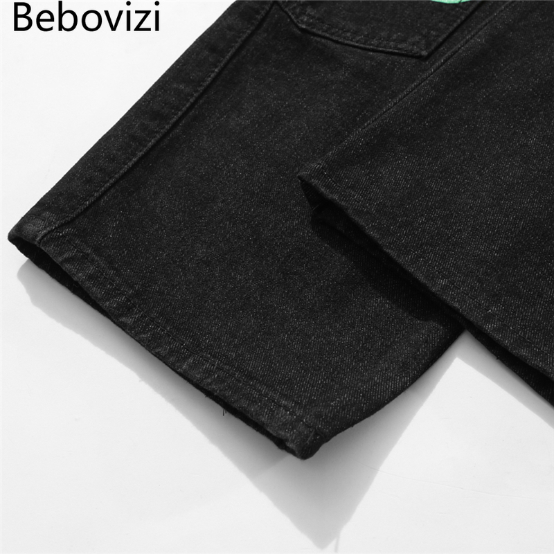 Bebovizi Hip Hip Tadpole Print Denim Pants Streetwear Denim Pants Men Harajuku Multi-pocket Trousers Joggers Cotton
