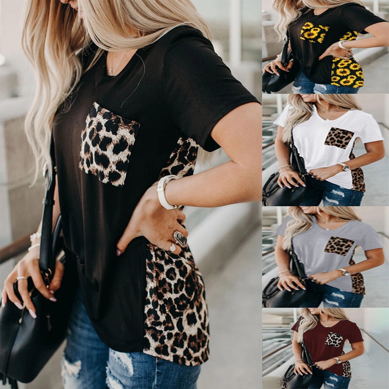 2020 summer European and American leopard print contrast color pocket V-neck short sleeve T-shirt, Black sunflower
2020 summer European and American leopard print contrast color pocket V-neck short sleeve T-shirt, Black sunflower