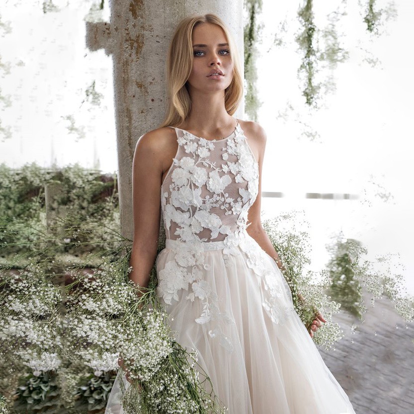 Spaghetti Straps Scoop Wedding Dress Sleeveless 3D Flower Lace Appliques Backless A Line Tulle Illusion Bridal Gown vestidos de mariee