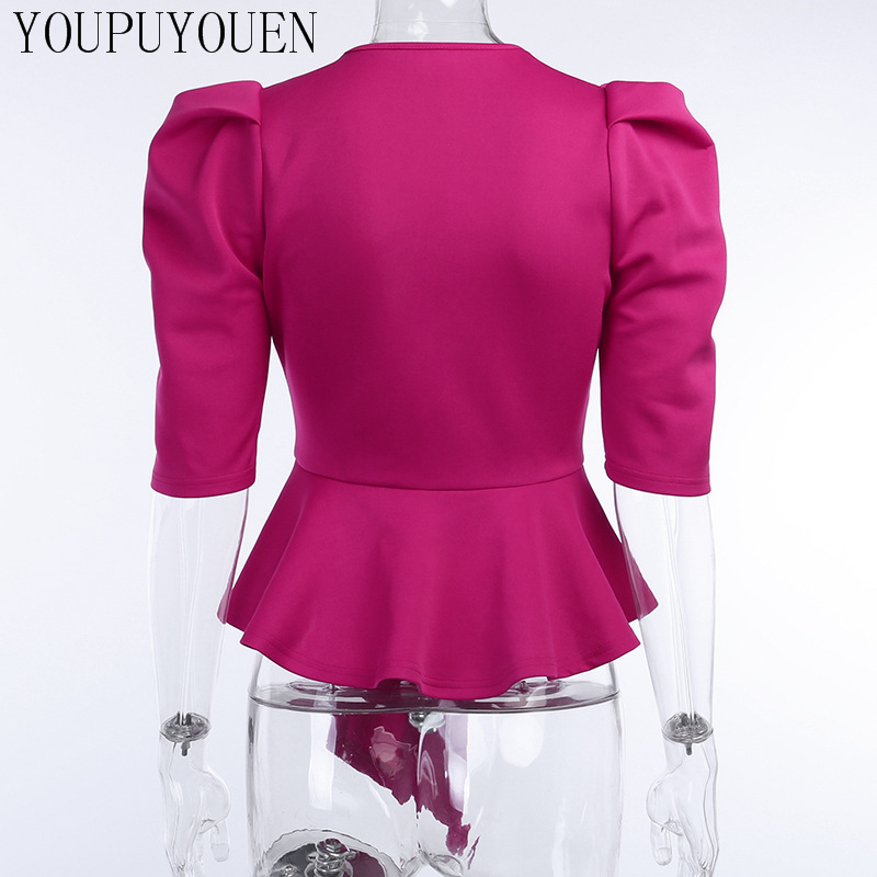 Ruffle Puff Sleeve Blouse Shirt Puffy Bow Lace-up V Neck Elegant Sexy Peplum Top Woman 2020 Summer Fashion Blouses Women Clothes T200801