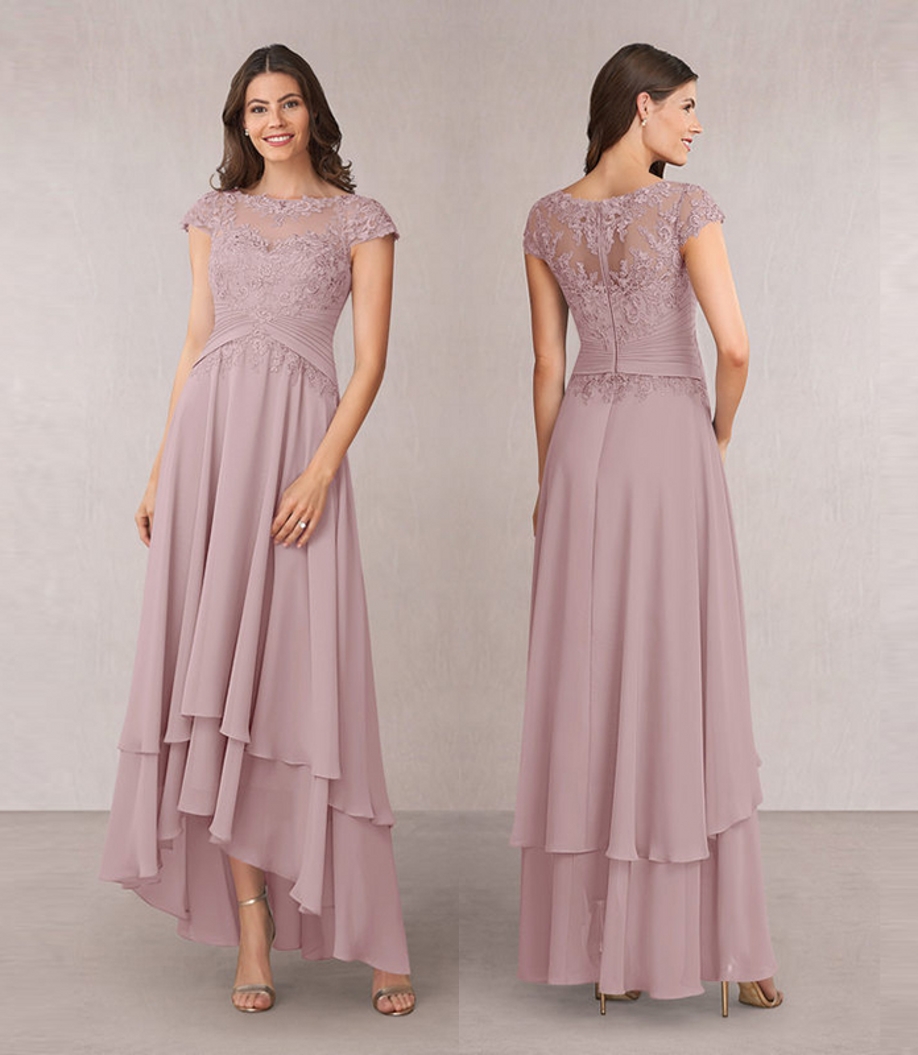 Latest Charming Rose High Low Chiffon Lace Mother of the Bride Dresses Short Sleeve Boat Neck Wedding Party Gowns Applique Pleat