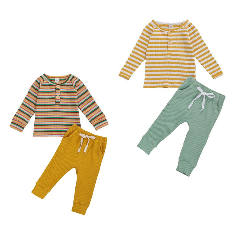 Infant Baby Girls Boys Ribbed Homewear Colorful Striped Long Sleeve Pullover O-neck Tops T Shirt Pants 2Pcs Children Home Sets
Infant Baby Girls Boys Ribbed Homewear Colorful Striped Long Sleeve Pullover O-neck Tops T Shirt Pants 2Pcs Children Home Sets