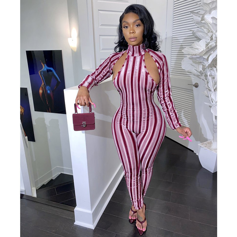 HAOYUAN Sexy Velvet Striped Bodycon Jumpsuit Fashion Body One Piece Club Outfit Long Sleeve Turtleneck Rompers Womens Jumpsuit T200509