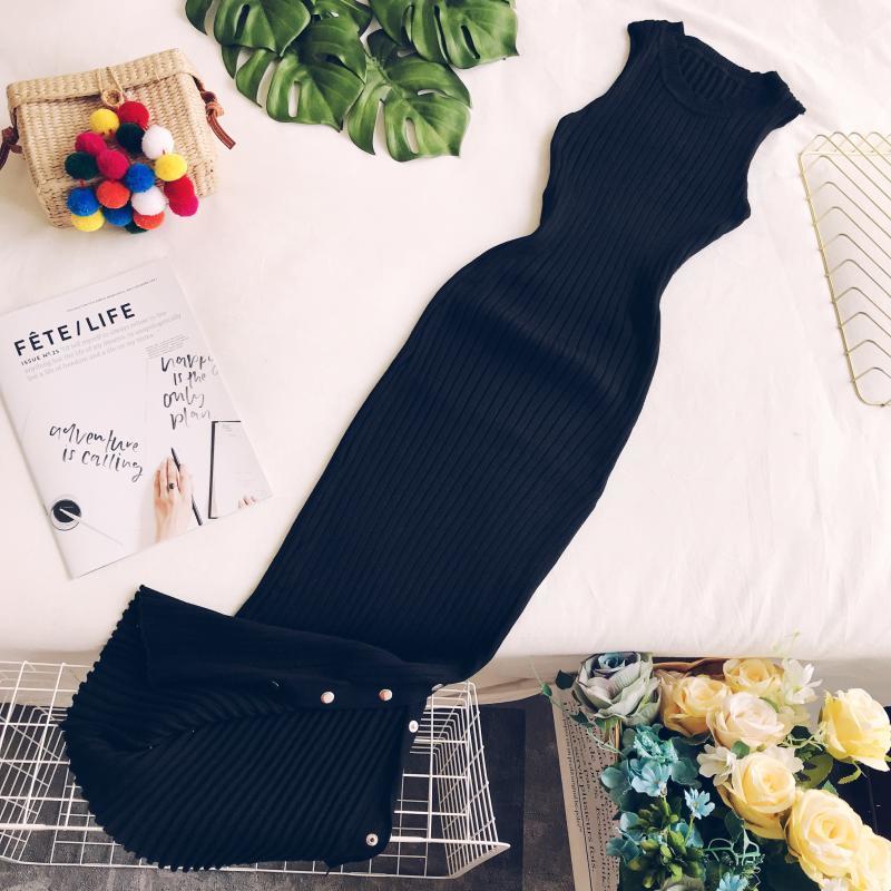 Gaganight Autumn Winter Women Maxi Dress Knitted Sleeveless Split Elegant Slim Bodycon Dresses Female Solid Straight Striped 201110