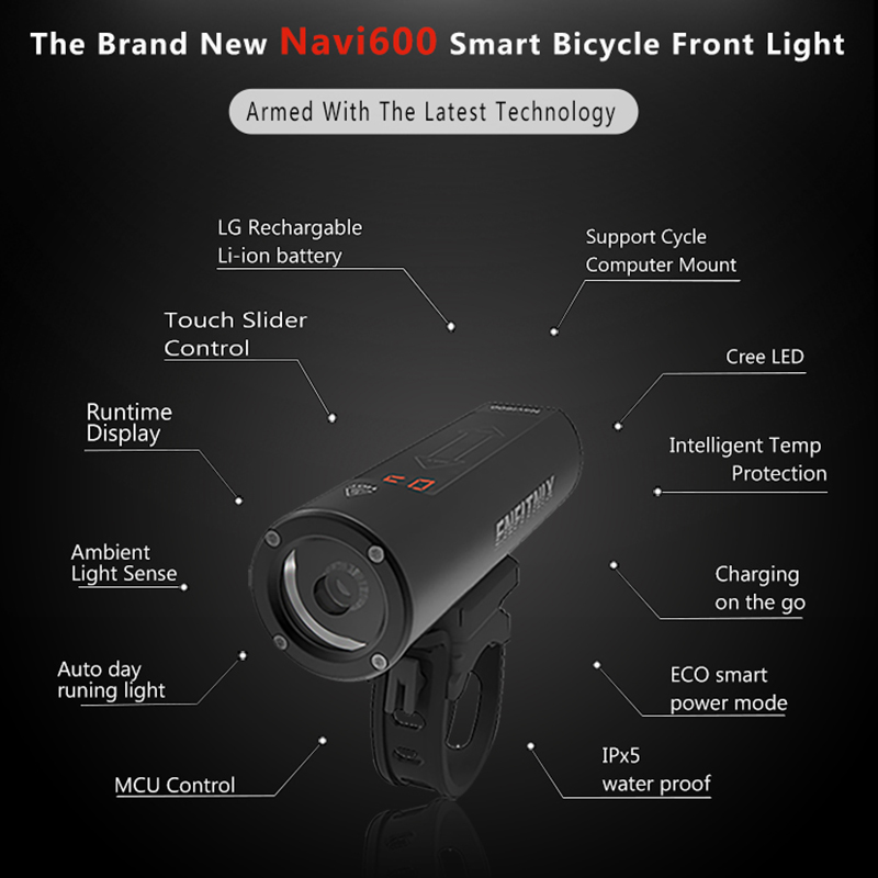 New Light Smart Headlights Enfitnix Navi600 USB Rechargeable Road Mountain Bike Smart Night Headlights for Bicycle Accessorie 
New Light Smart Headlights Enfitnix Navi600 USB Rechargeable Road Mountain Bike Smart Night Headlights for Bicycle Accessorie
