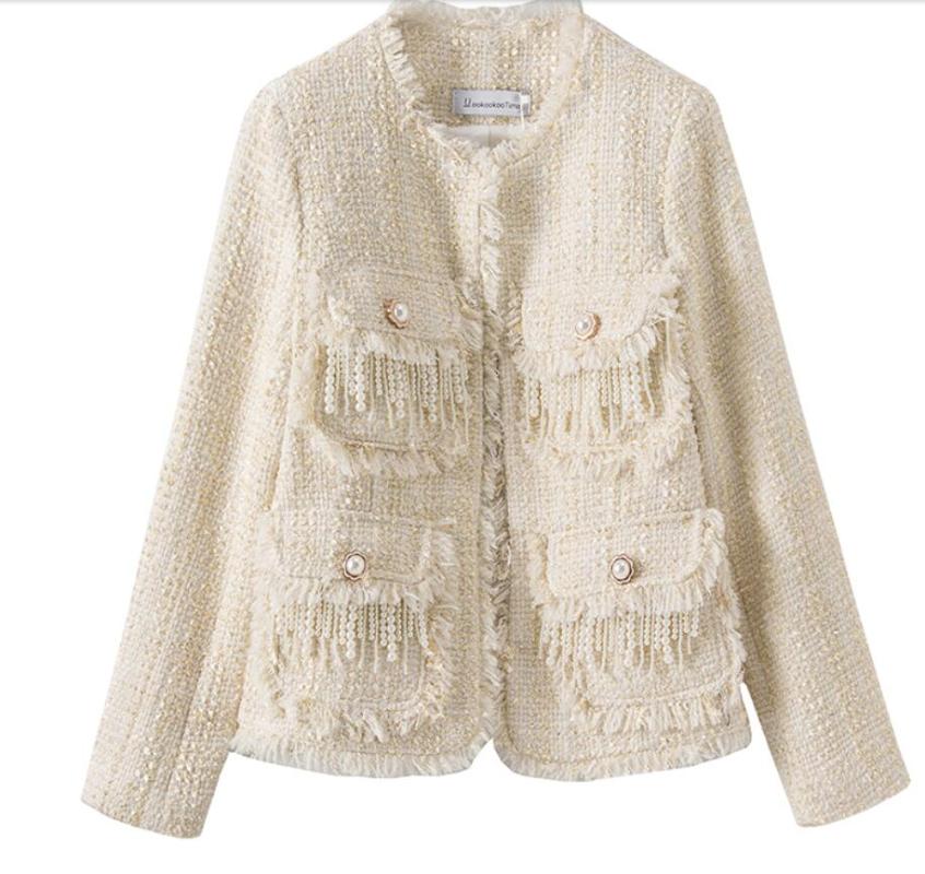 Rose red tweed jacket 2020 autumn women' jacket new long-sleeved hit color ribbon metal buckle, Beige
Rose red tweed jacket 2020 autumn women' jacket new long-sleeved hit color ribbon metal buckle, Beige