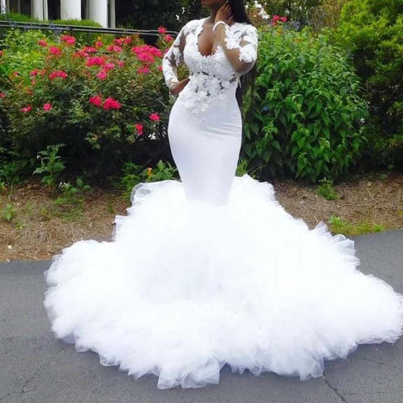 Mermaid Wedding Dresses Ruffles 3D Lace Appliques Plus Size Wedding Dress Illusion Long Sleeves Bridal Gowns vestidos de novia
