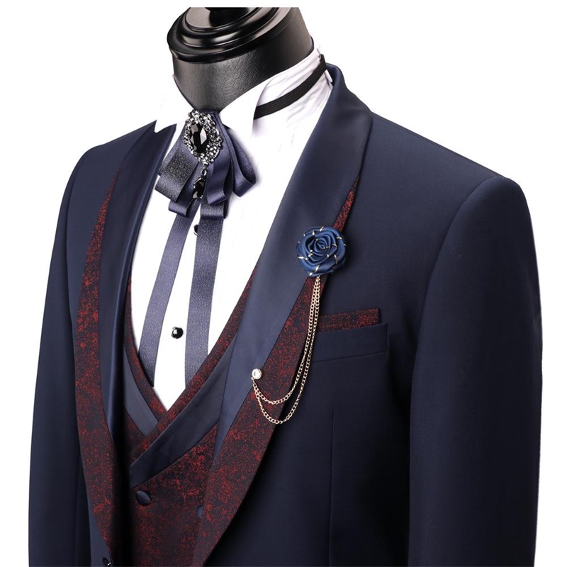 Newest 3-piece Wedding Tuxedos Party Fit Formal Business For Best Man Suits Navy Printed Peaked Lapel Blazer Suit