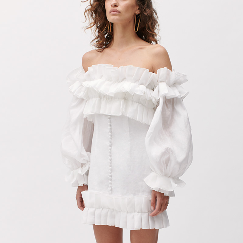 XHKLD Women Runway Off Shoulder Reversible Lantern Sleeve Cascading Ruffles Short Dress Female Button Pleats White Mini Dress
XHKLD Women Runway Off Shoulder Reversible Lantern Sleeve Cascading Ruffles Short Dress Female Button Pleats White Mini Dress