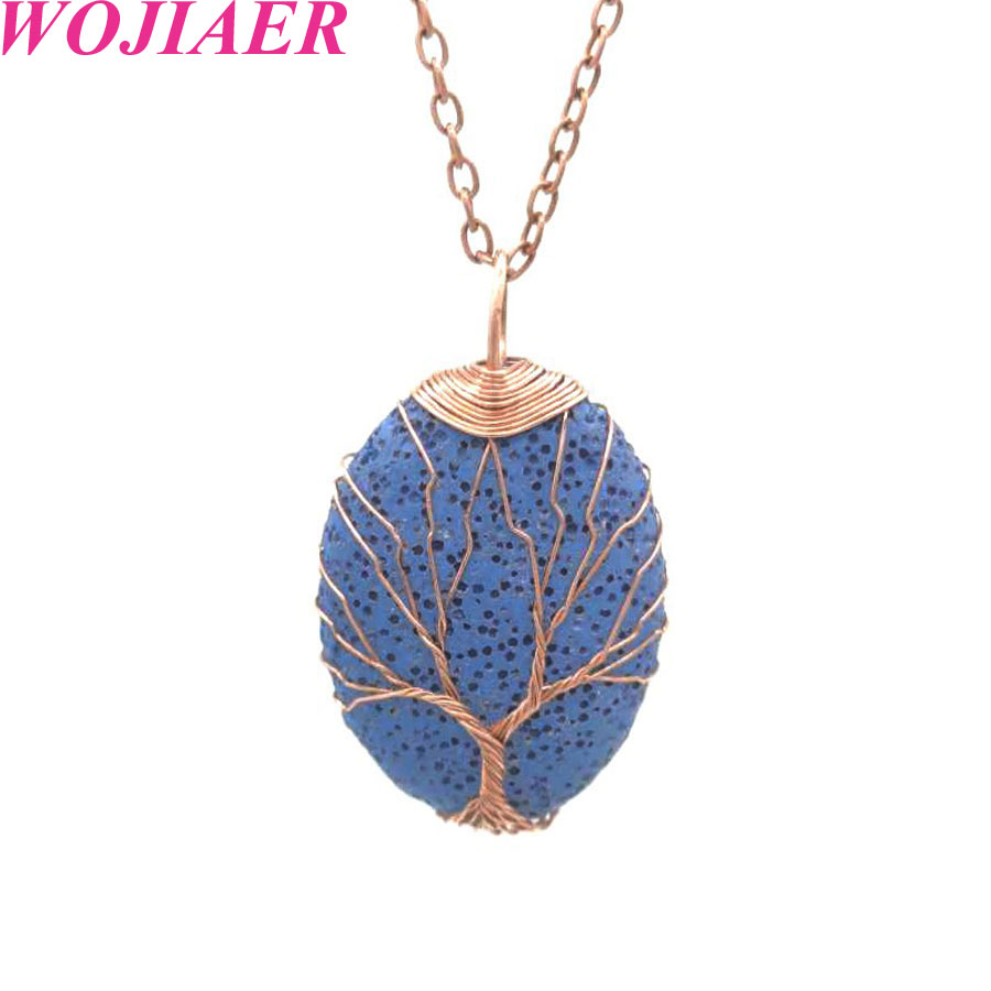 WOJIAER Retro Rose Gold Color Wire Wrap Natural Lava Stone Necklaces & Pendants Pendulum Volcanic Rock Oval Tree of Life Jewelry BV915