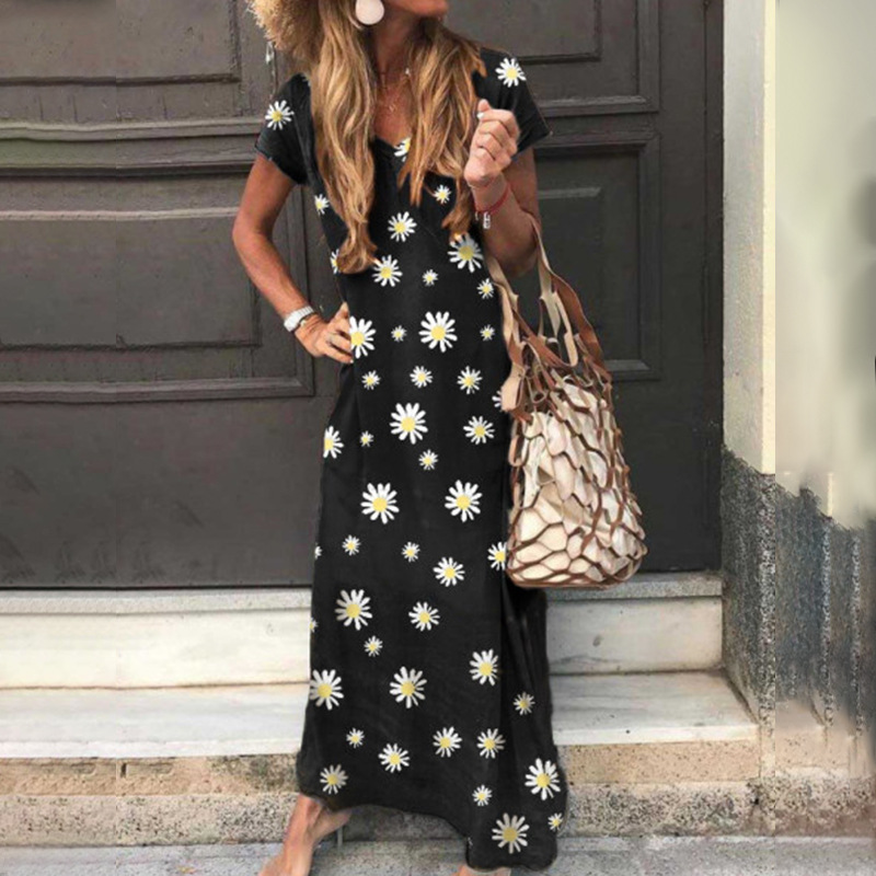 Summer Women Casual Dresses High Waist V Neck Short Sleeve Maxi Dresses Daisy Print Long Skirts Female Loose Clothes, Blue
Summer Women Casual Dresses High Waist V Neck Short Sleeve Maxi Dresses Daisy Print Long Skirts Female Loose Clothes, Blue