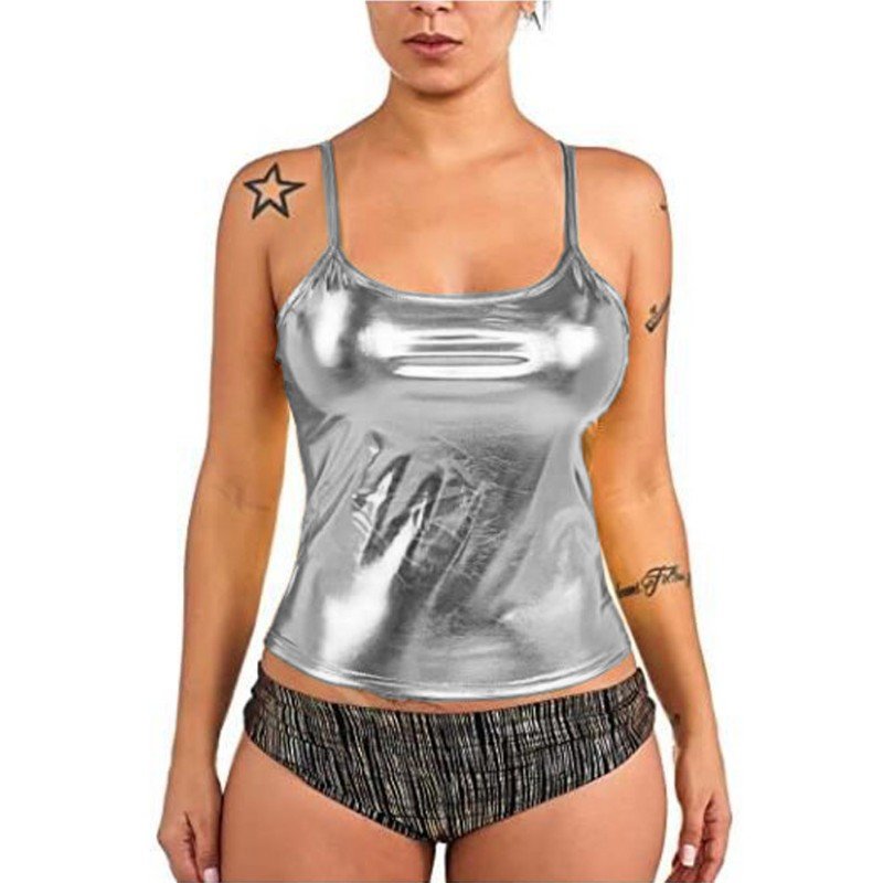 Plus Size Simple Shiny Metallic Crop Top Women Casual Stretchy Spaghetti Strap Top Summer Sexy Sleeveless Faux Leather Camisole, White
Plus Size Simple Shiny Metallic Crop Top Women Casual Stretchy Spaghetti Strap Top Summer Sexy Sleeveless Faux Leather Camisole, White