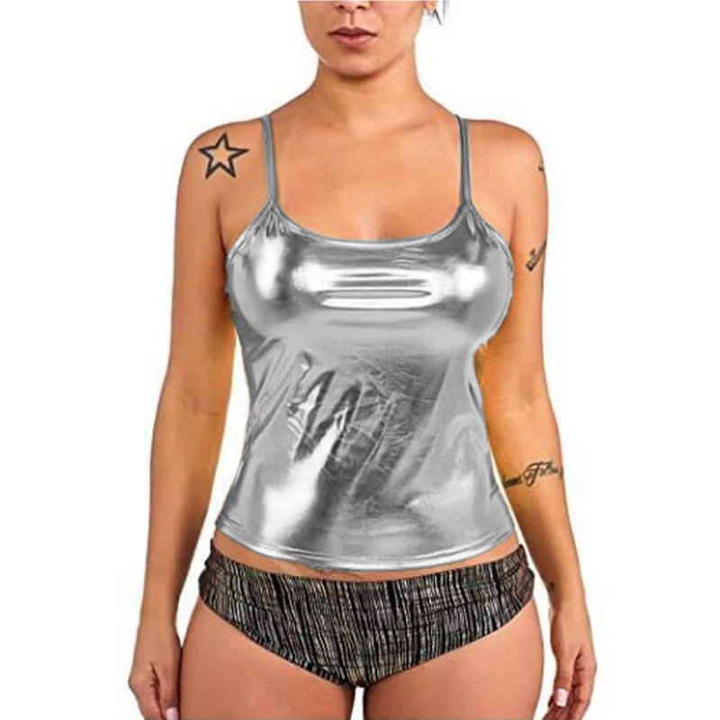 Plus Size Simple Shiny Metallic Crop Top Women Casual Stretchy Spaghetti Strap Top Summer Sexy Sleeveless Faux Leather Camisole от DHgate WW