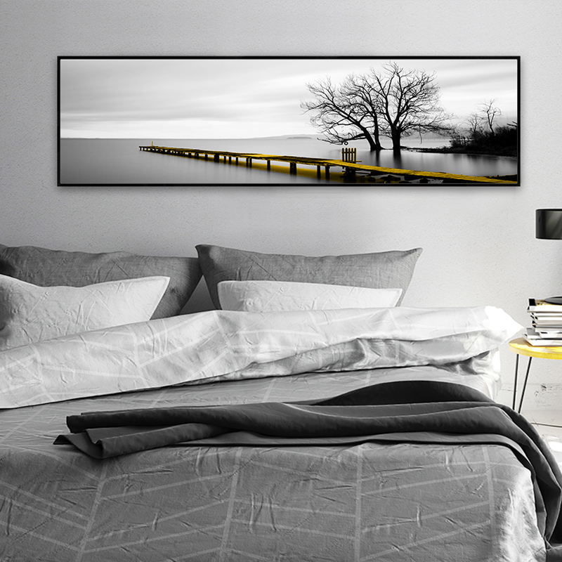 Calm Lake Surface Long Yellow Bridge Scene Black White Canvas Paintings Poster Prints Wall Art Pictures Living Room Home Decor