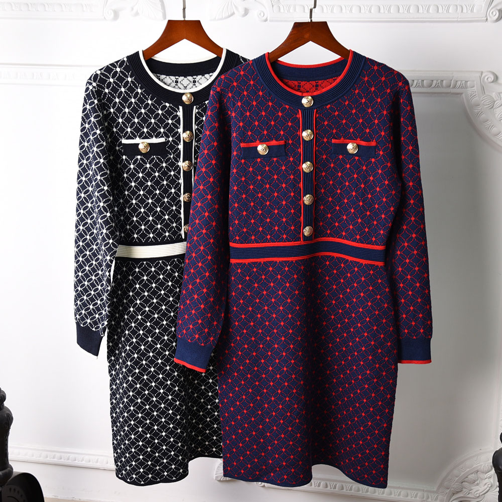 milan runway dress long sleeve o neck womens dress high end jacquard pullover women designer dress 07313, Picture color