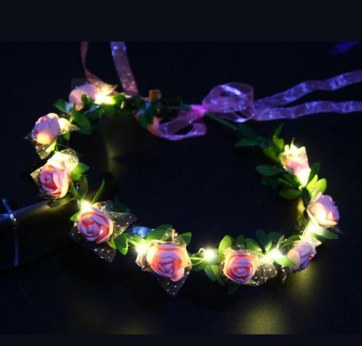 Flashing LED Glow Rose Crown Headbands Light Party Rave Floral Hair Garland Wreath Wedding Flower Girl Headpiece Decoration GD380