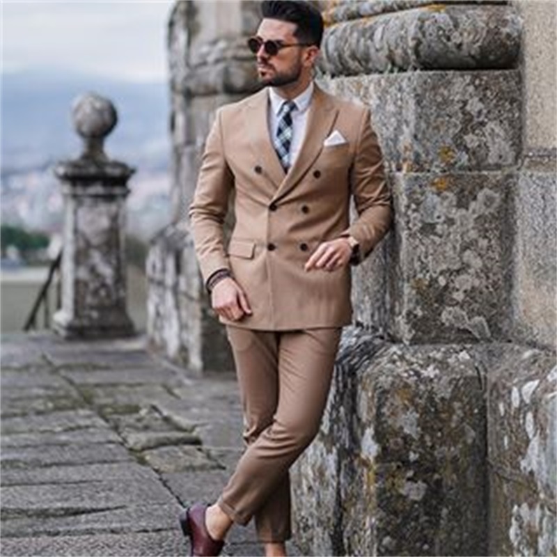 2piece cotton blend khaki formal wedding tuxedos slim fit double breasted men suits peaked lapel business party blazer suit