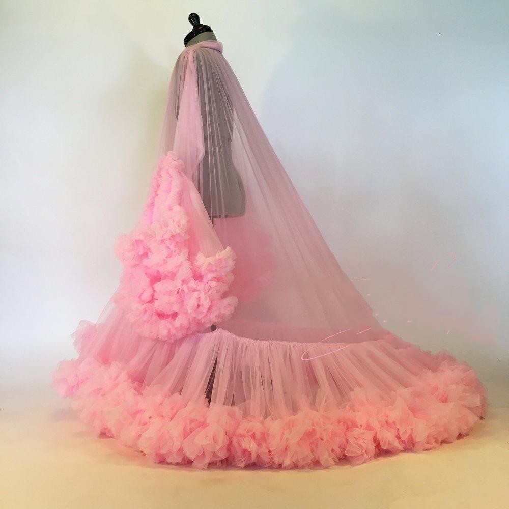 Sexy Women Ruffles Pink Sleepwear For Prom Dress Women Bathrobe Sheer Nightgown Long Sleeve Evening Dress Robe Prom Bridesmaid Shawel