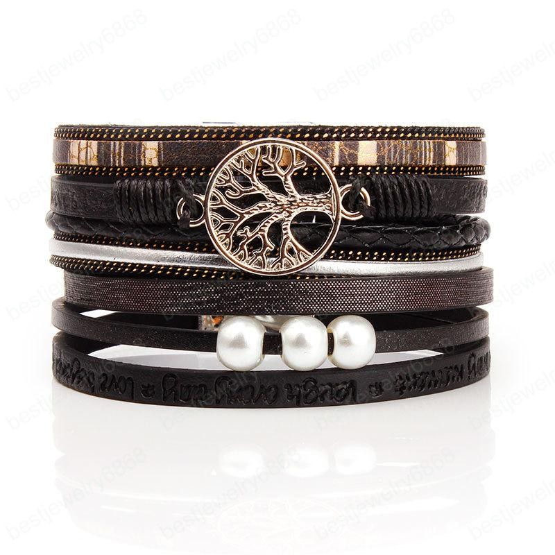 Creative Women Twine Tree of Life Leather Strap Magnet Buckle Pearl Bangle Bracelet Multilayer Bracelets Fashion Gifts