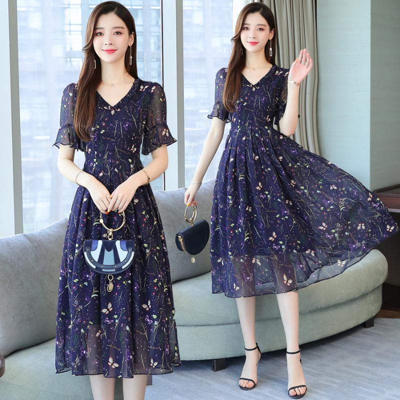 Women dress summer short-sleeved V-neck butterfly print flower chiffon dress women casual thin Korean style long Robe, Blue
Women dress summer short-sleeved V-neck butterfly print flower chiffon dress women casual thin Korean style long Robe, Blue