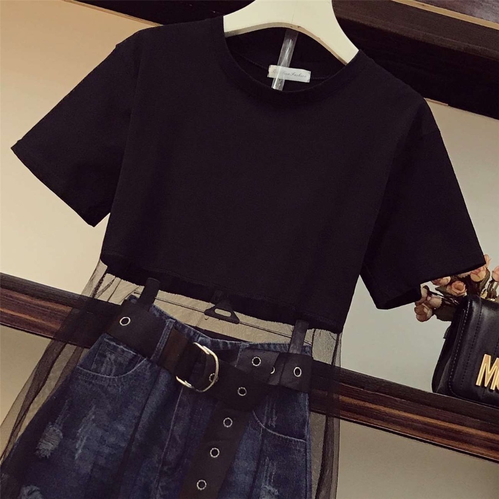 New Summer Women 2 Pieces Jeans Set Girls Mesh Cotton Patchwork Dress And Denim Shorts Chic Pants Suit Faux Leather Belt T200325