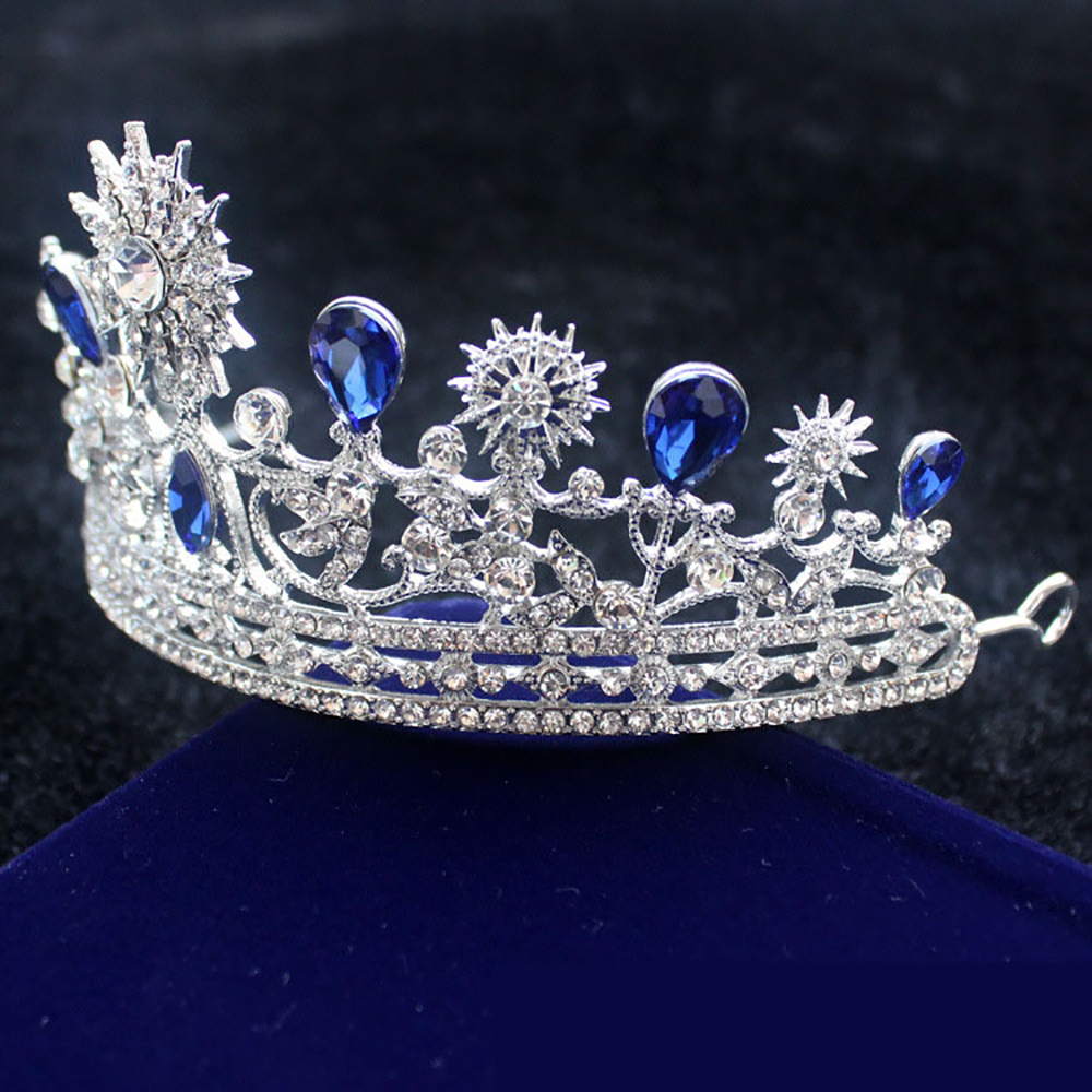 Retro Royal Blue Wedding Crown Tiara Headdress For Prom Quinceanera Party Wear Crystal Beaded Updo Half Hair Ornaments Bridal Jewelry 2020