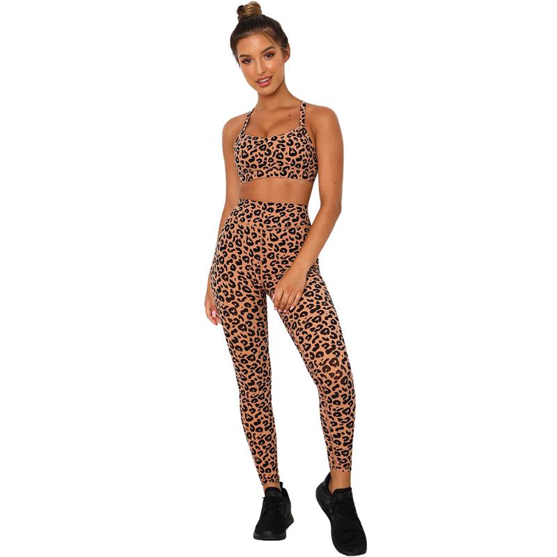 Womens Yoga Outfits 2 Piece Set Workout Athletic Leopard Print Shorts Leggings and Sports Bra Set Gym Clothes Fitness Clothing