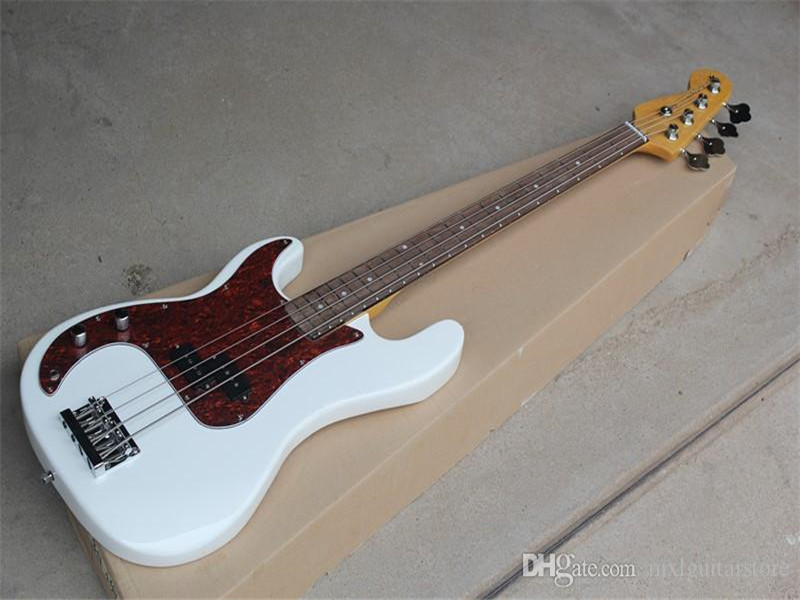 4-string Left Hand White Electric Bass Guitar with Red Tortoise Pickguard,Rosewood Fingerboard,Offer Customized as you request